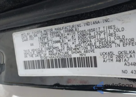 2004 Toyota Sequoia Limited V8 from USA, damaged, VIN 5TDBT48A24S228699